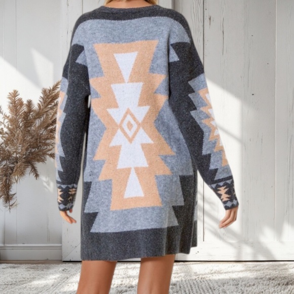Charcoal Aztec Western Bohemian Knit Long Sleeve Open Cardigan Sweater - Picture 1 of 3